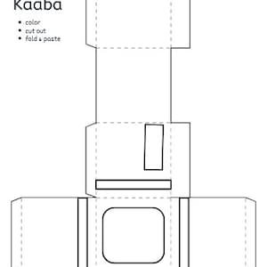 Può includere: Un modello di carta 3D stampabile della Kaaba, un edificio a forma di cubo a La Mecca, in Arabia Saudita. Il modello include istruzioni per colorare, ritagliare, piegare e incollare il modello.
