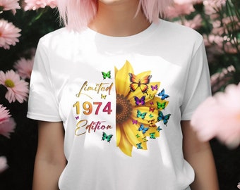 50th Birthday Gift for Woman Shirt, Limited Edition 1974 Sunflower Butterflies T-Shirt