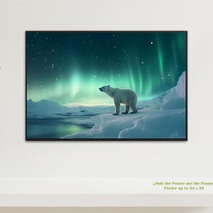 Night-time Enchantment: Polar Bear Gazing at Northern Lights - Art Print Poster - Aurora Borealis Wall Art Poster -
