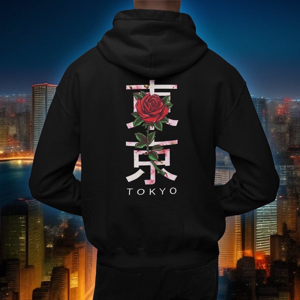 Stylish Hoodie Featuring 'Tokyo Japan' Design with Delicate Roses and Cherry Blossoms Saying