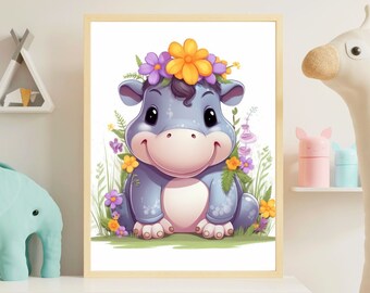 Nursery Baby Animals Poster | Cute little hippo | Baby hippo watercolor with flower | Adorable Baby Animal Nursery Poster | Kid room décor