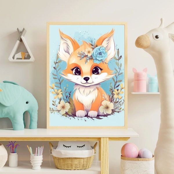 Cute Little Fox Nursery Decor - Baby Fox Poster Digital Download - 300 DPI PNG