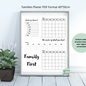 Pode incluir: Um planificador familiar imprimível em preto e branco em formato PDF. O planificador inclui seções para planejamento de refeições, um calendário mensal e uma seção "Faça mais do que você ama!" O planificador mede 40 cm por 50 cm e é projetado para ser impresso ou usado digitalmente.