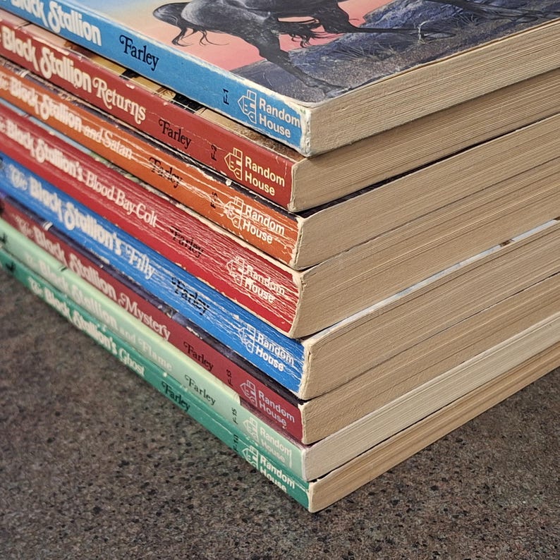 May include: A stack of vintage paperback books from the "Black Stallion" series by Walter Farley. The books have colorful covers with titles like "The Black Stallion," "The Black Stallion Returns," and "The Black Stallion's Blood Bay Colt."