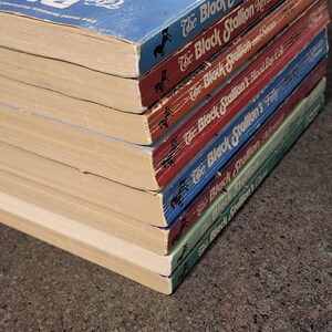 May include: A stack of vintage paperback books featuring "The Black Stallion" series. The books have colorful covers in blue, red, and green, with titles and a black horse silhouette. The pages are aged, showing signs of wear.