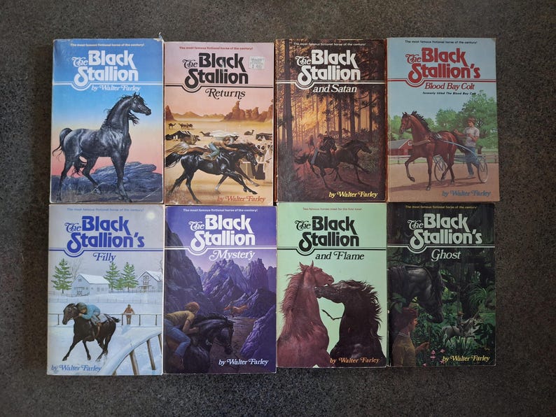 May include: A collection of eight vintage "Black Stallion" novels by Walter Farley. The book covers feature illustrations of horses in various scenes, with titles like "Returns," "Mystery," and "Ghost." The books are arranged on a neutral surface.