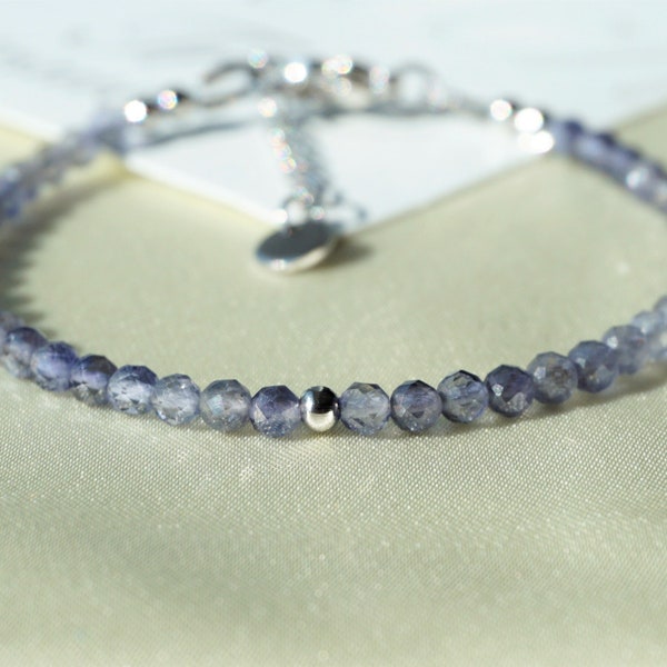 Iolite  Bracelet natural genuine gemstone bead handmade, dark blue chakra yoga healing crystal, trendy minimalist style