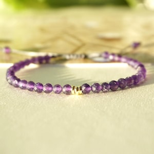 Amethyst bracelet beaded handmade of genuine gemstone , purple chakra healing yoga crystal,  minimalist style,