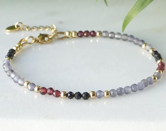 Iolite/Water Sapphire (Travel Protection) Bracelet with black tourmaline and garnet,  3mm faceted beads