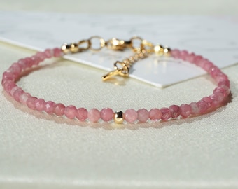 Pink TOURMALINE Bracelet: minimalist beaded bracelet 3mm faceted, October Birthstone, Libra zodiac sign.