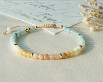 Natural Amazonite and Sunstone gemstone beads bracelet, multi color chakra healing yoga crystal
