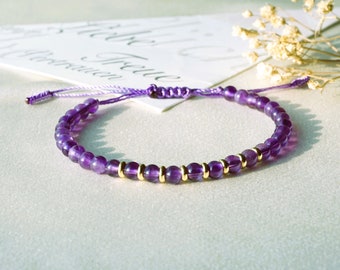 Amethyst Armband aus echten natürlichen Steinperlen, Lila Chakra-Heilungs-Yoga-Kristall, winziger minimalistischer Stil