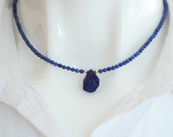 Necklace Lapis lazuli genuine gemstone bead handmade, blue chakra yoga healing crystal, tiny minimalist unique design