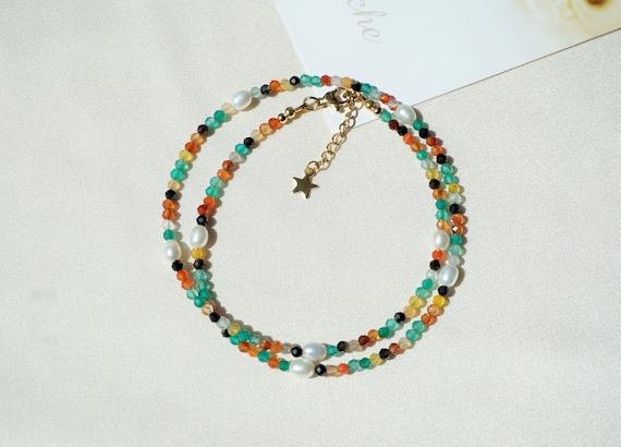 Halskette Achat aus Echten Edelsteinen Süßwasserperle,mehrfarbig Chakra-Yoga-Heilkristall, einzigartiges Sommer Design