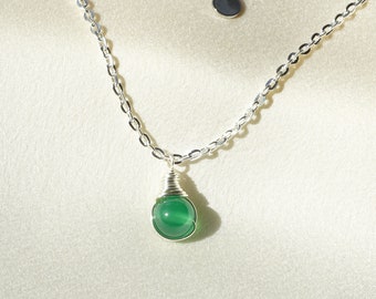 Green Agate Necklace handmade, chakra yoga healing crystal, tiny minimalist unique designed