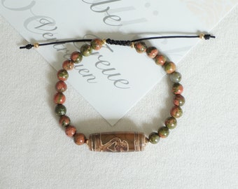 Natural Unakite gemstone and Dzi beads bracelet, chakra healing yoga crystal, buddha stone meditation and inner peace  bracelet
