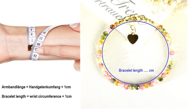 Op de afbeelding: Een kleurrijke kralen armband met een gouden hart bedel. De armband wordt getoond op een wit oppervlak met de tekst "Bracelet length ..... cm".