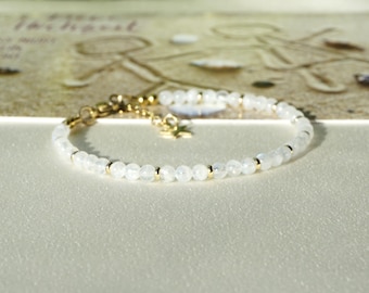 White moonstone bracelet, genuine gemstone 4 mm round bead, tiny minimalist style