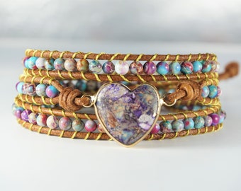 Handgewickeltes Armband aus lila kaiserlichem Jaspis-Edelstein und Lederschnur, ein farbenfrohes und trendiges Stück