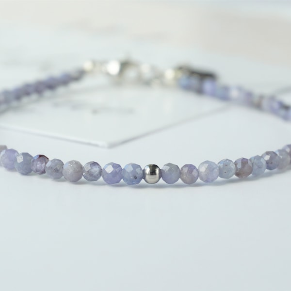 Bracelet Tanzanite genuine gemstone bead handmade , lila chakra yoga healing crystal, tiny minimalist design