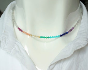 7 Chakra Necklace genuine gemstone bead handmade, rainbow color chakra yoga healing crystal, minimalist style