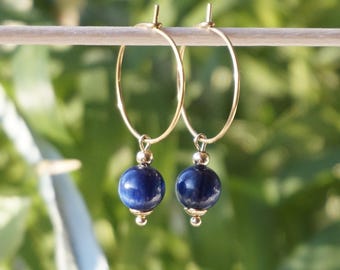 Kyanite Hoop earrings set size 20mm, blue bead 8mm round