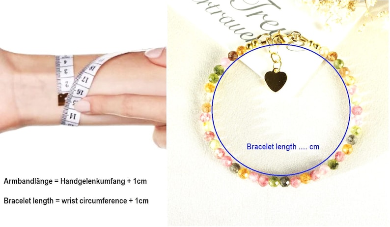 May include: A colorful beaded bracelet with a gold heart charm. The bracelet is shown on a white surface with the text "Bracelet length ..... cm".