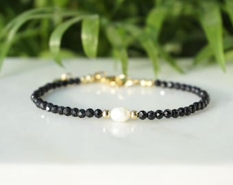 Schwarzer Turmalin und Perle Armband:  echter  Edelstein 3.2mm facettiert, chic elegant armband