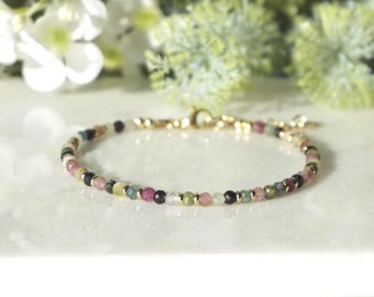 Rainbow TOURMALINE Bracelet: faceted natural gemstone bead 3.1mm, dainty bracelet