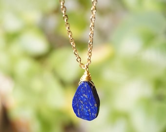 LAPIS LAZULI  Necklace: genuine stone Third Eye chakra promoting wisdom & mental,  Gold Plated Chain.
