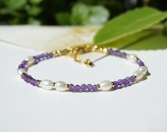 Pulsera de amatista y perla de agua dulce hecha a mano, cristal curativo.