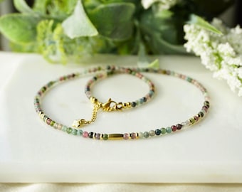 TOURMALINE necklace: genuine protective stone 3mm round bead rainbow tourmaline, birthstone October