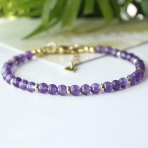 Amethyst bracelet beaded handmade of genuine gemstone , purple chakra healing yoga crystal,  minimalist style,