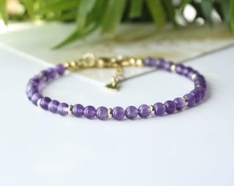 Amethyst bracelet beaded handmade of genuine gemstone , purple chakra healing yoga crystal,  minimalist style,