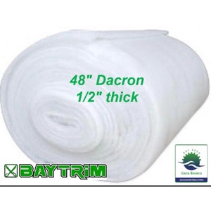 May include: A white roll of 48 inch Dacron batting, 1/2 inch thick, with the text "BAYTRIM" and a green business logo.