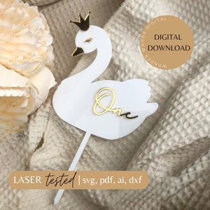 Topper Swan SVG, décoration de gâteau, première fête à thème gâteau d'anniversaire, numérique, bois, acrylique
