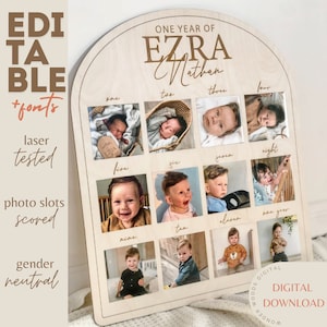 Marco do primeiro ano do bebê em SVG editável, suporte para fotos em arco de doze meses | Arquivo a laser para fotos de um ano | Decoração moderna para bebês | Glowforge