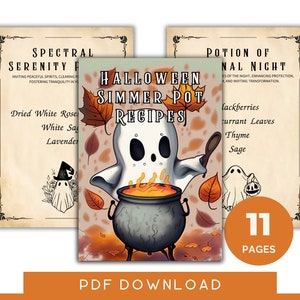 Könnte beinhalten: Ein digitaler Download zum Thema Halloween. Das zentrale Bild zeigt einen Cartoon-Geist, der einen Kessel umrührt, mit dem Text "Halloween Simmer Pot Recipes". Zwei Rezeptkarten flankieren das Hauptbild. Das Bild enthält den Text "11 Seiten" und "PDF-Download."