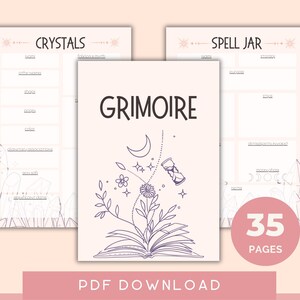 Puede incluir: Un diario grimorio imprimible en PDF de 35 páginas. La portada presenta un libro con un diseño de flor y luna. El diario incluye secciones para cristales, frascos de hechizos y otras prácticas mágicas.