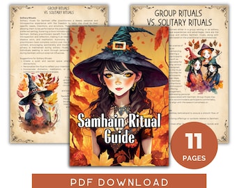 Può includere: Un'illustrazione digitale di una strega con lunghi capelli neri e un cappello da strega nero. La strega è circondata da foglie autunnali e il testo "Samhain Ritual Guide" è scritto in un font decorativo. Il testo "11 Pagine" è scritto in un rettangolo marrone nella parte inferiore dell'immagine.