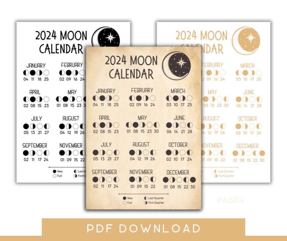 2024 Moon Cycle Calander Poster Instant Download Grimoire Pages Book of