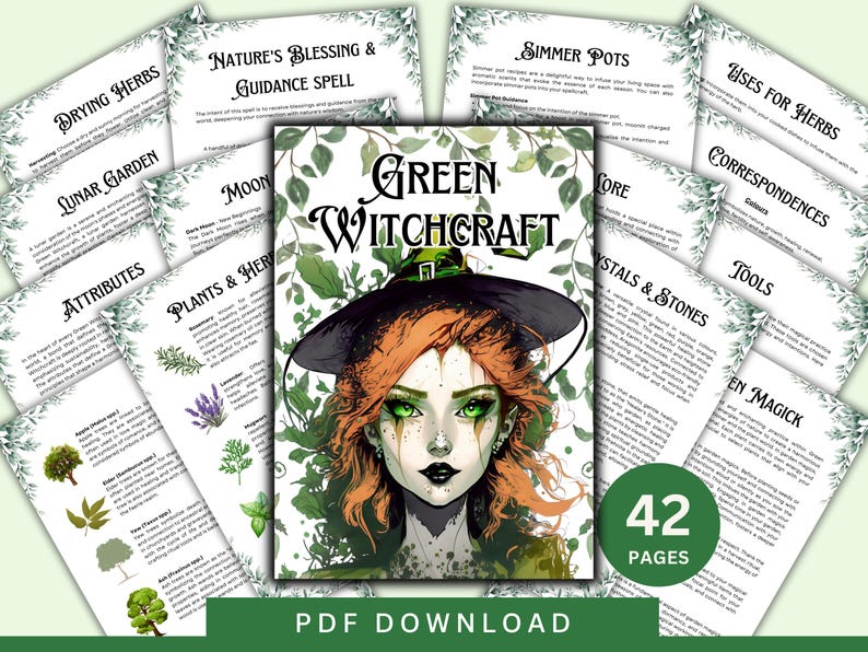 May include: A digital download of a 42-page guide to green witchcraft featuring a witch with green eyes and red hair wearing a black hat. The guide includes information on drying herbs, lunar gardening, plants and herbs, simmer pots, crystals and stones, tools, and more.