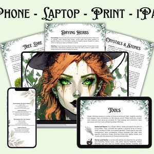 May include: A digital illustration of a witch with red hair and green eyes. The image is surrounded by various digital pages with text about herbs, crystals, and tools. The text includes the words "Drying Herbs", "Tree Lore", "Crystals & Stones", and "Tools".