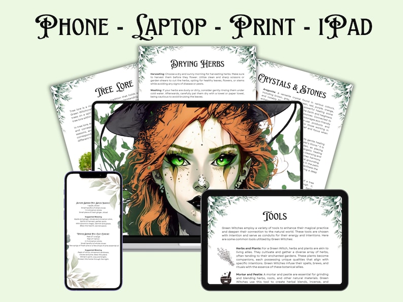 May include: A digital illustration of a witch with red hair and green eyes. The image is surrounded by various digital pages with text about herbs, crystals, and tools. The text includes the words "Drying Herbs", "Tree Lore", "Crystals & Stones", and "Tools".