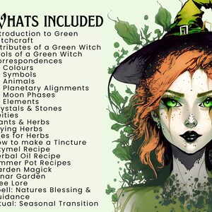 May include: A digital illustration of a green witch with long red hair wearing a black hat with a green brim. The image includes a list of topics related to green witchcraft, including correspondences, crystals, herbs, and spells.