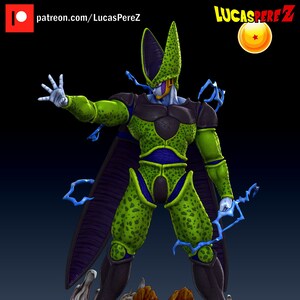 Może przedstawiać: Zielona i czarna figurka akcji Cella z Dragon Ball Z, stojąca na skalnej podstawie z fioletowym i zielonym jajkiem. Figurka ma ostry, spiczasty łeb i pelerynę. Figurka wyciąga rękę w geście władzy. Tekst "LUCAS PEREZ" znajduje się w prawym górnym rogu obrazu.