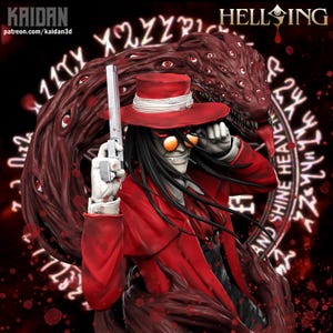 Pode incluir: Ilustração detalhada de um personagem da série de anime Hellsing. O personagem está usando um chapéu vermelho, casaco e óculos de sol, segurando uma pistola prateada. Uma criatura vermelha escura coberta de olhos está atrás do personagem. A imagem tem o texto "HELLSING" e "KAIDAN".