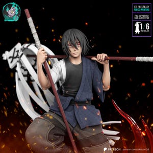 May include: A detailed 1/6 scale figure of a character with black hair and red eyes, dressed in a dark blue and white outfit, holding a staff. The figure is ready for 3D printing, as indicated by the text on the image.