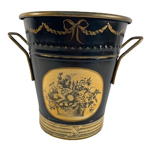 Vintage French Black and Gold Tole Cachepot
