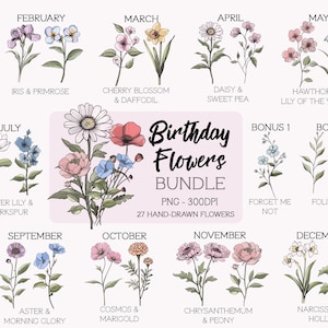 Paquete PNG de flores de cumpleaños, imágenes prediseñadas de flores del mes de nacimiento, kit para crear impresiones de flores del mes de nacimiento, imágenes prediseñadas botánicas, personalizar con nombres